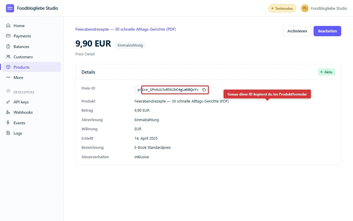 Die Stripe Price ID in der Preis-Tabelle auf der Produktdetailseite