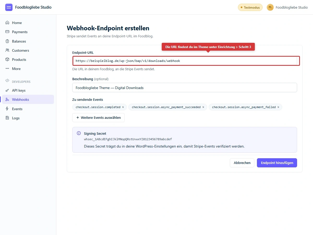 Stripe-Formular „Add endpoint" mit eingefügter Webhook-URL, Beschreibung und den drei ausgewählten Events
