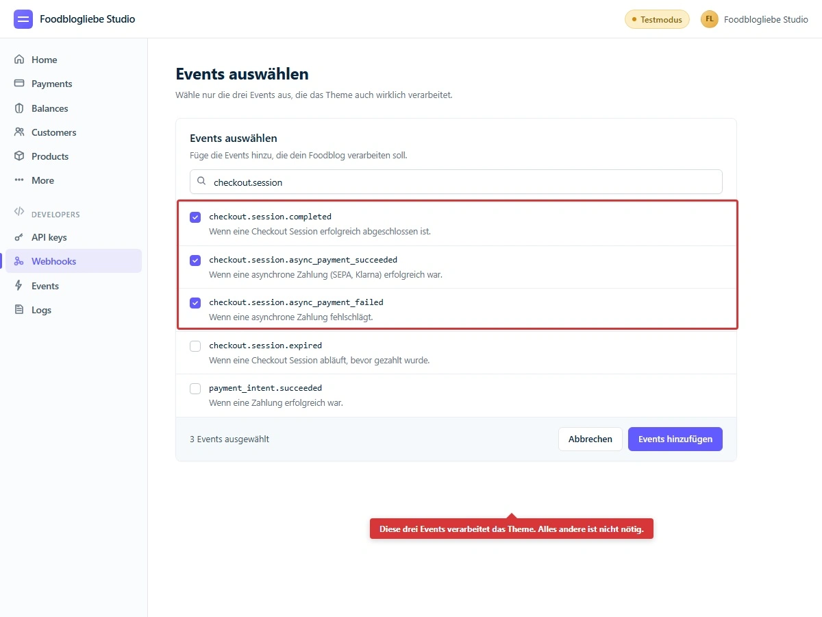 Stripe-Event-Auswahldialog mit den drei angehakten Checkout-Session-Events