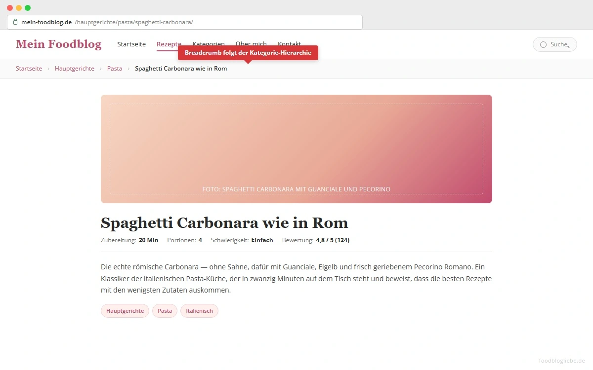 Breadcrumb-Beispiel auf einer Rezeptseite mit sauberer Hierarchie