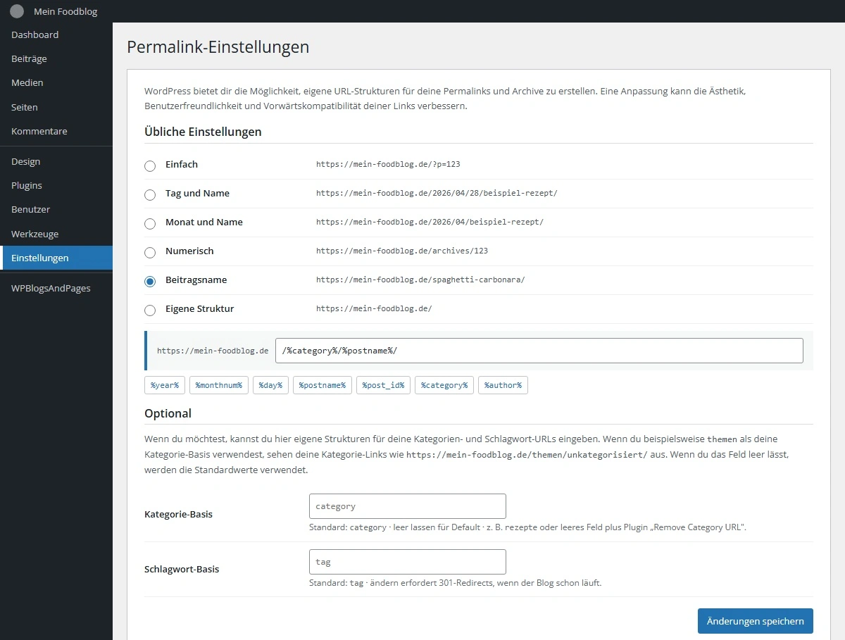 WordPress Permalink-Einstellungen mit ausgewählter Beitragsname-Option