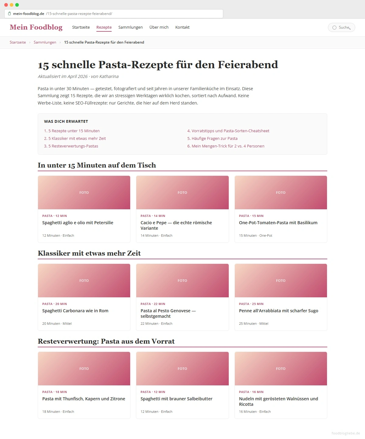 Beispiel-Sammlungsseite: 15 schnelle Pasta-Rezepte für den Feierabend