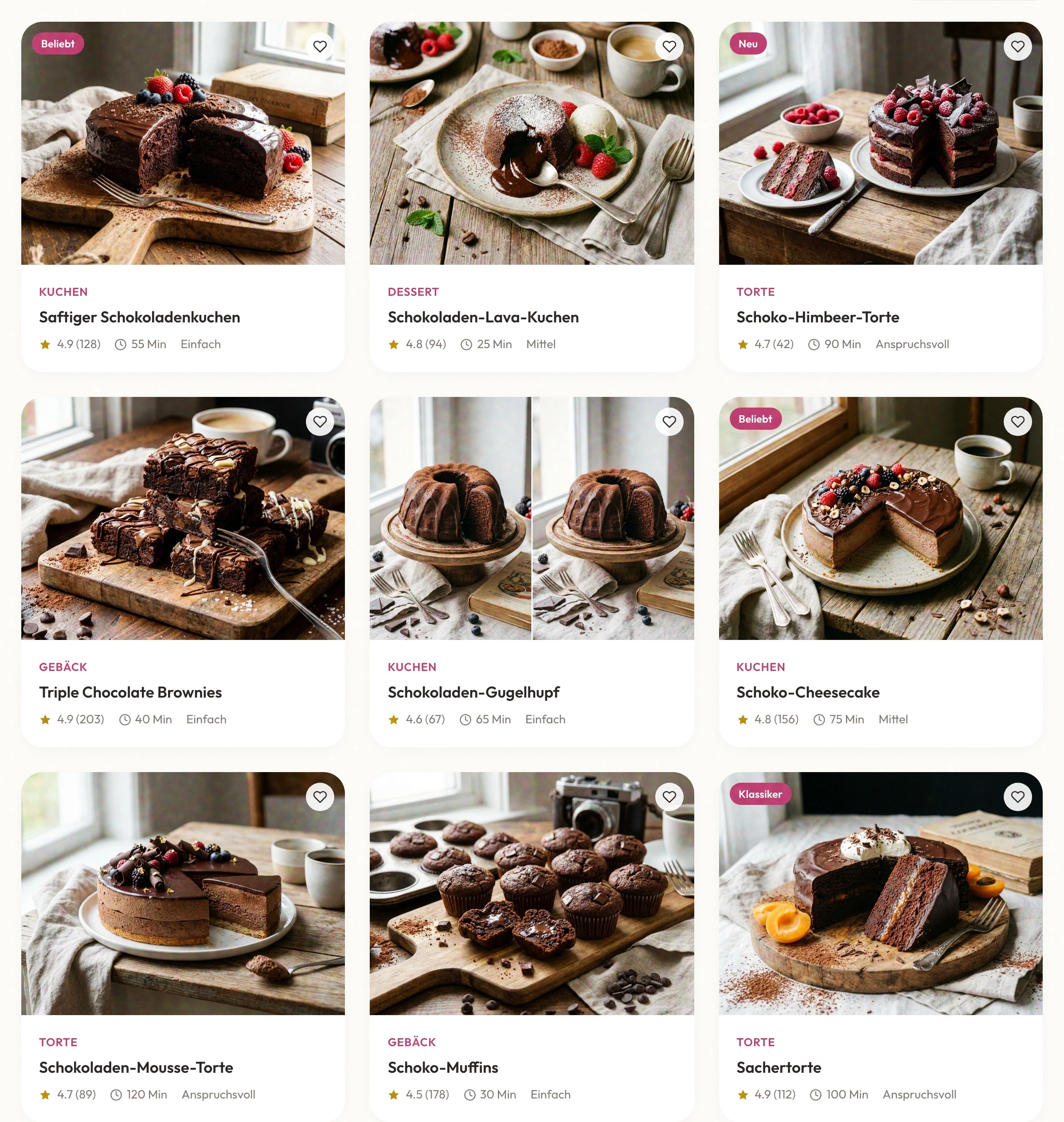 Neun Rezept-Vorschaukacheln in einem dreispaltigen Raster, jede mit Bild, Kategorie, Titel, Bewertung, Zeit und Schwierigkeit