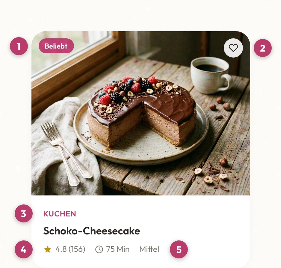 Eine Rezept-Vorschaukachel mit Badge, Merken-Symbol, Kategorie, Bewertung, Zubereitungszeit und Schwierigkeit
